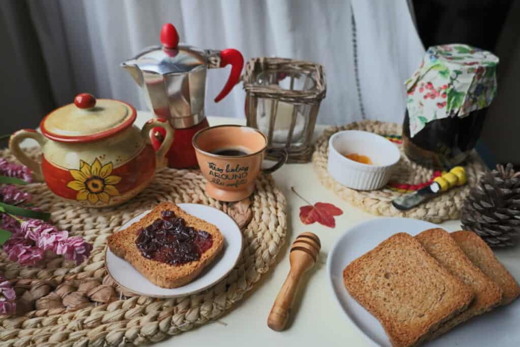 Italian breakfast toast with jam and Italian espresso maker