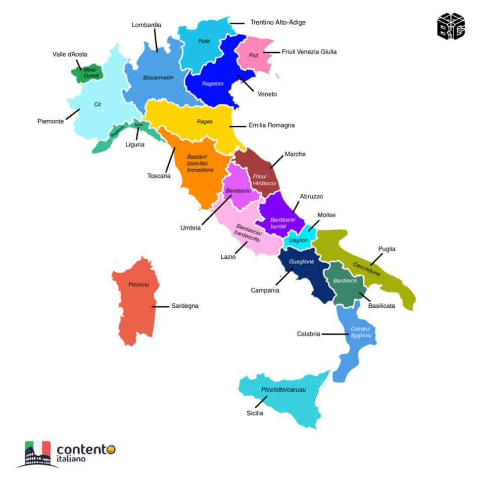 Map of Italy showing names of regional dialects