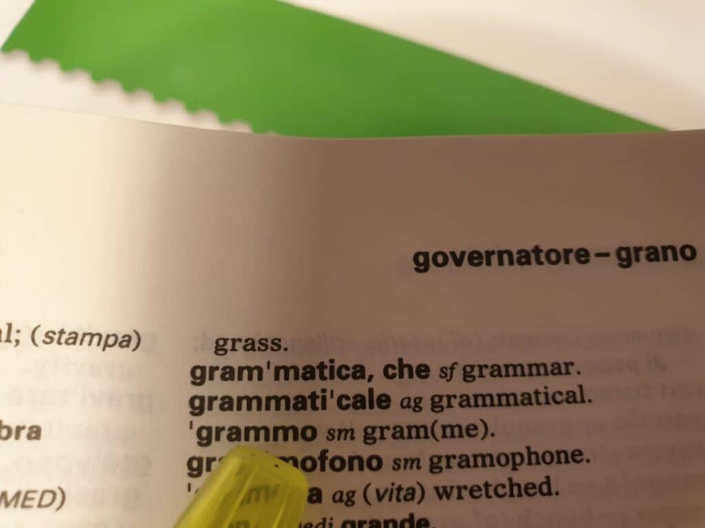 Grammar entry in the dictionary
