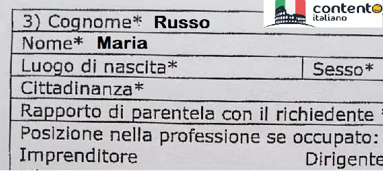Italian form completed by someone with a single name