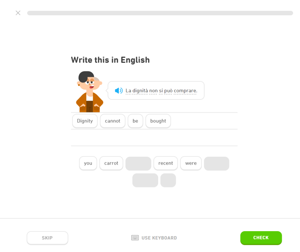 Exercise from Duolingo Italian Level 4